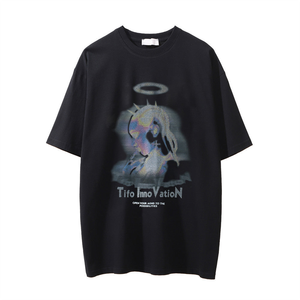 Printed washed distressed streetwear T-shirt by FitiqueFit with faded design and casual fit, shown on a plain background.