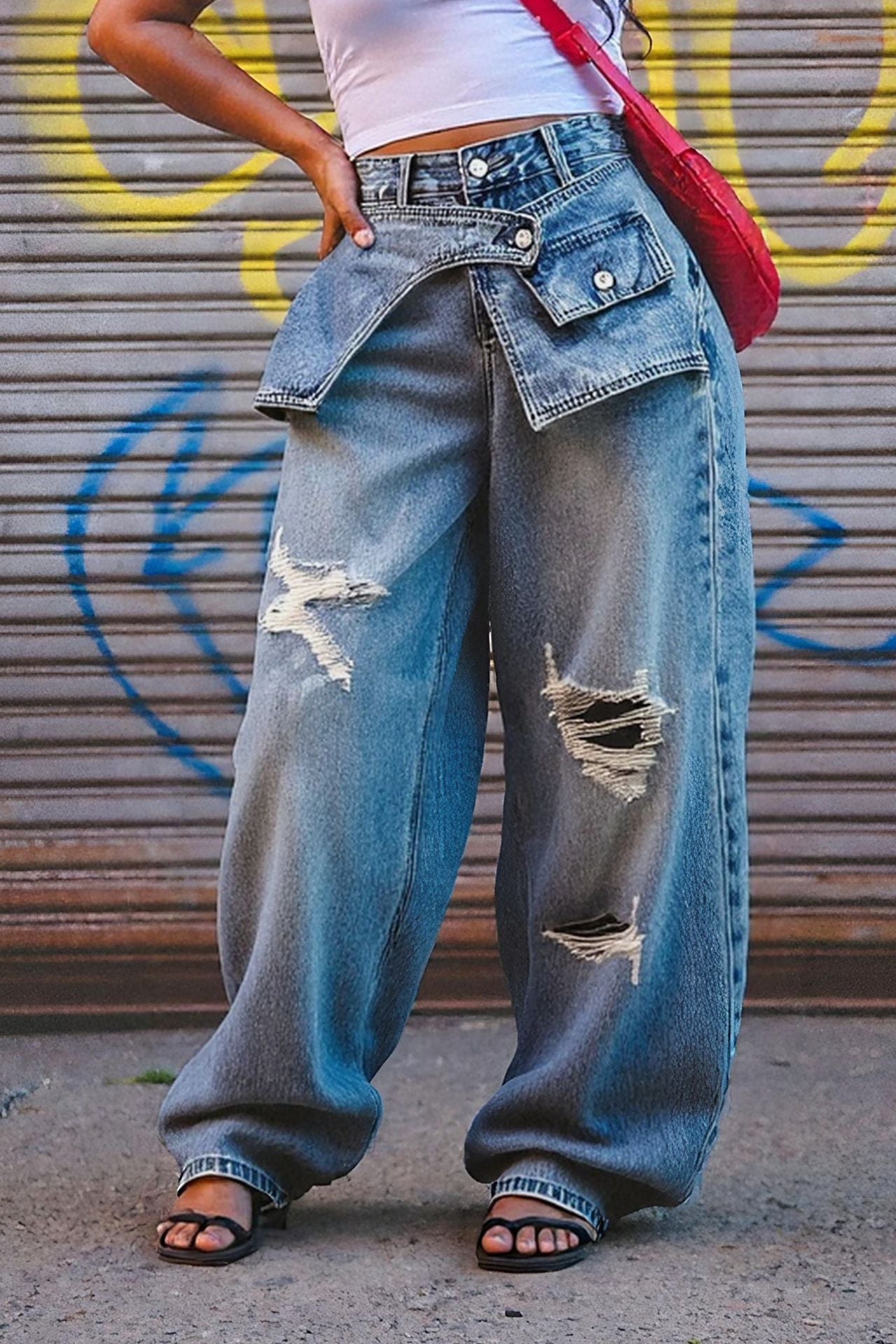 Straight Leg Jeans with Layered Waist Design and Ripped Details