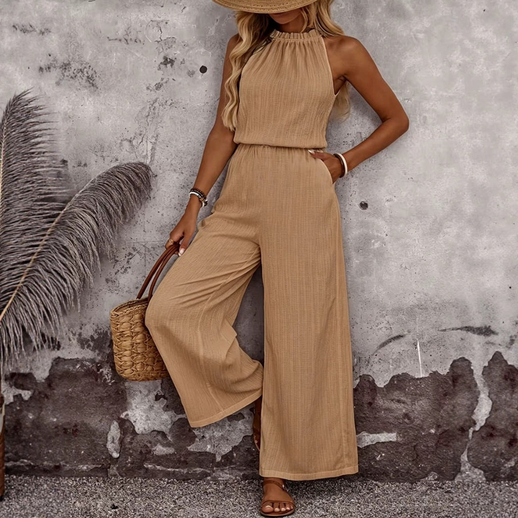 Women’s sleeveless vest and casual pants two-piece set by Plush Fashion Hub, featuring a draped neck design and relaxed fit.