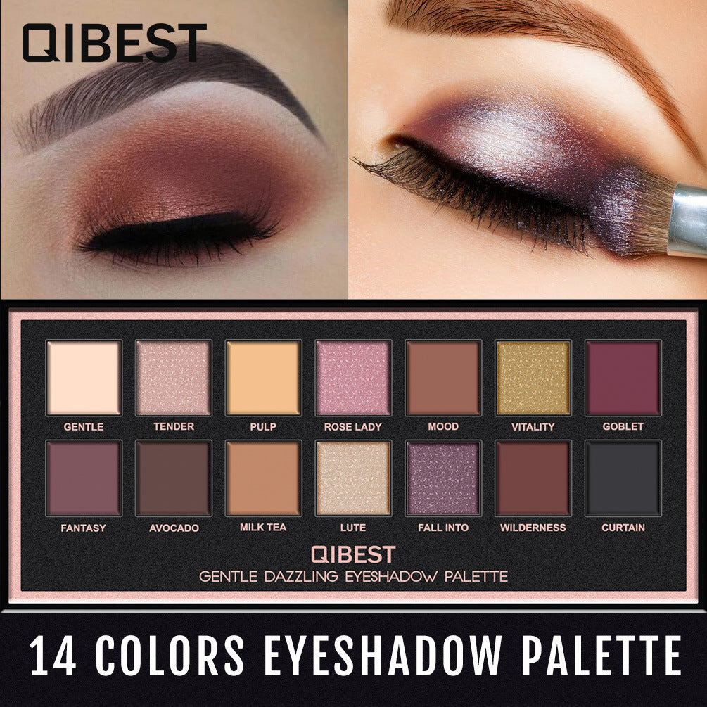 Qibest 14-color eyeshadow palette with neutral and purple shades, showing makeup application on eyes.
