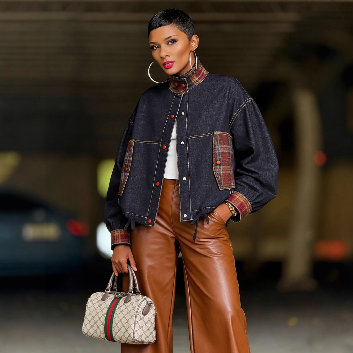 Vintage eprolo plaid patchwork denim jacket with single-breasted design, multicolor pattern, and classic collar detail.