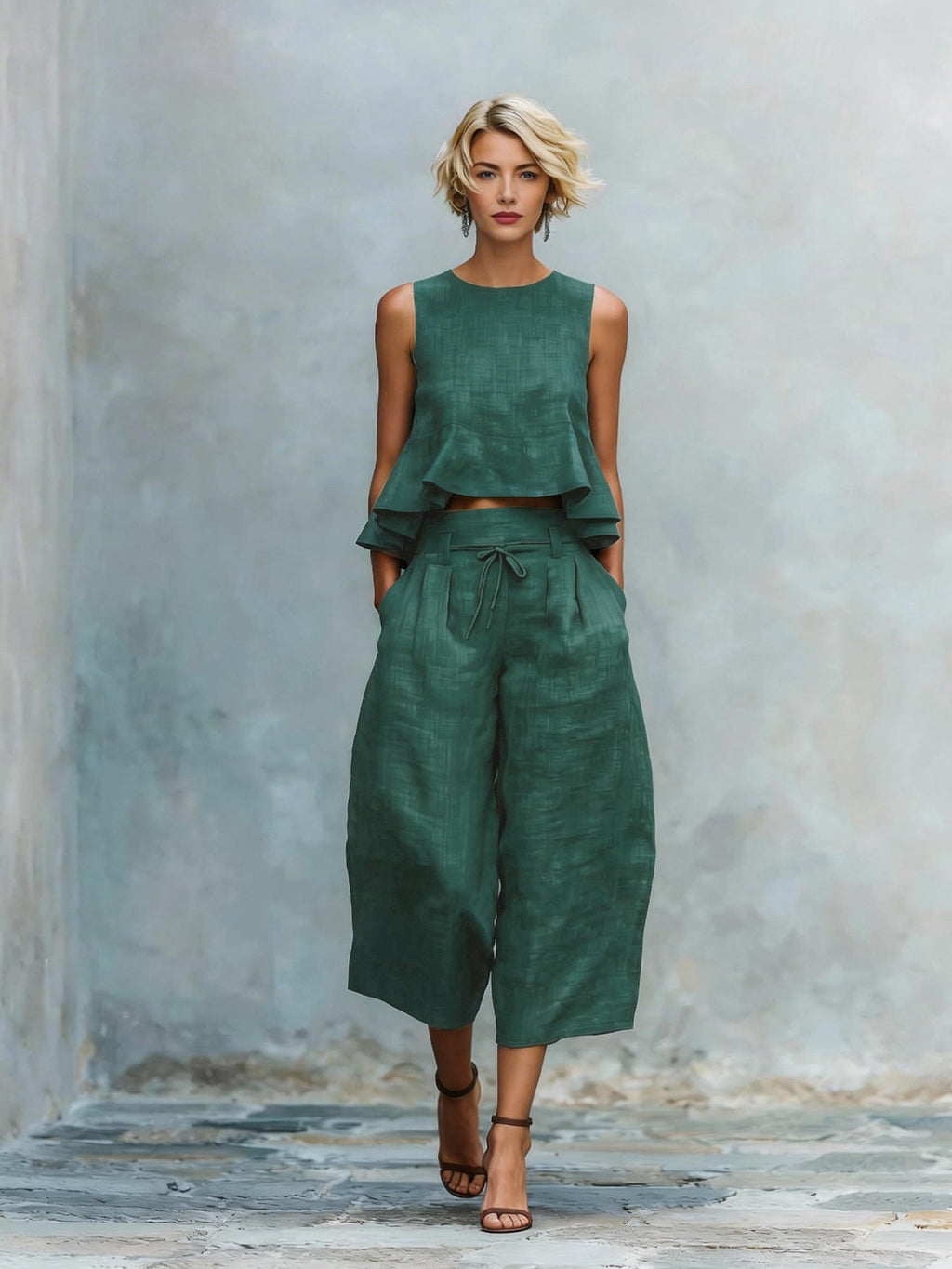 Women's linen-blend sleeveless two-piece set with ruffled detailing, stylish and comfortable from Plush Fashion Hub.