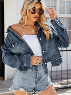 VYSN denim jacket with long sleeves and button-up front featuring chest and side pockets, casual fashion clothing.