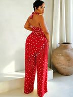 Polka dot halter neck cami and fringe trim pants set by Trendsi, with rings detail, shown in a stylish, coordinated outfit.