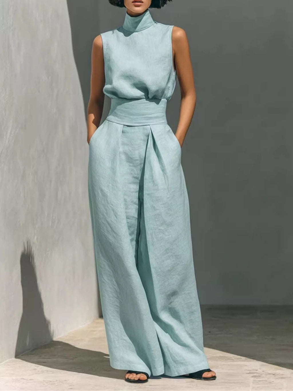 Sleeveless turtleneck top and wide-leg pants set by Trendsi, featuring a fitted turtleneck and flowing wide-leg trousers.
