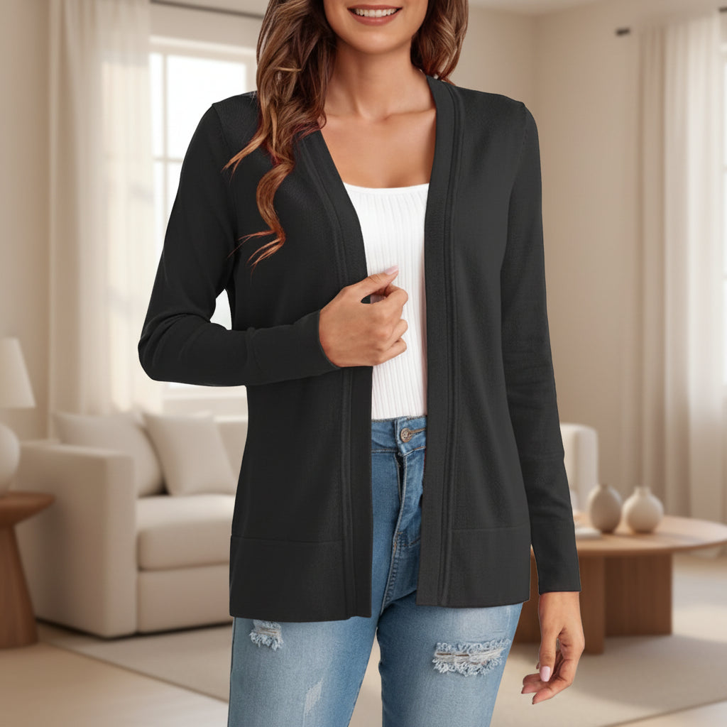 Women's knitted loose cardigan coat in four colors, featuring a relaxed fit and cozy texture from FitiqueFit.