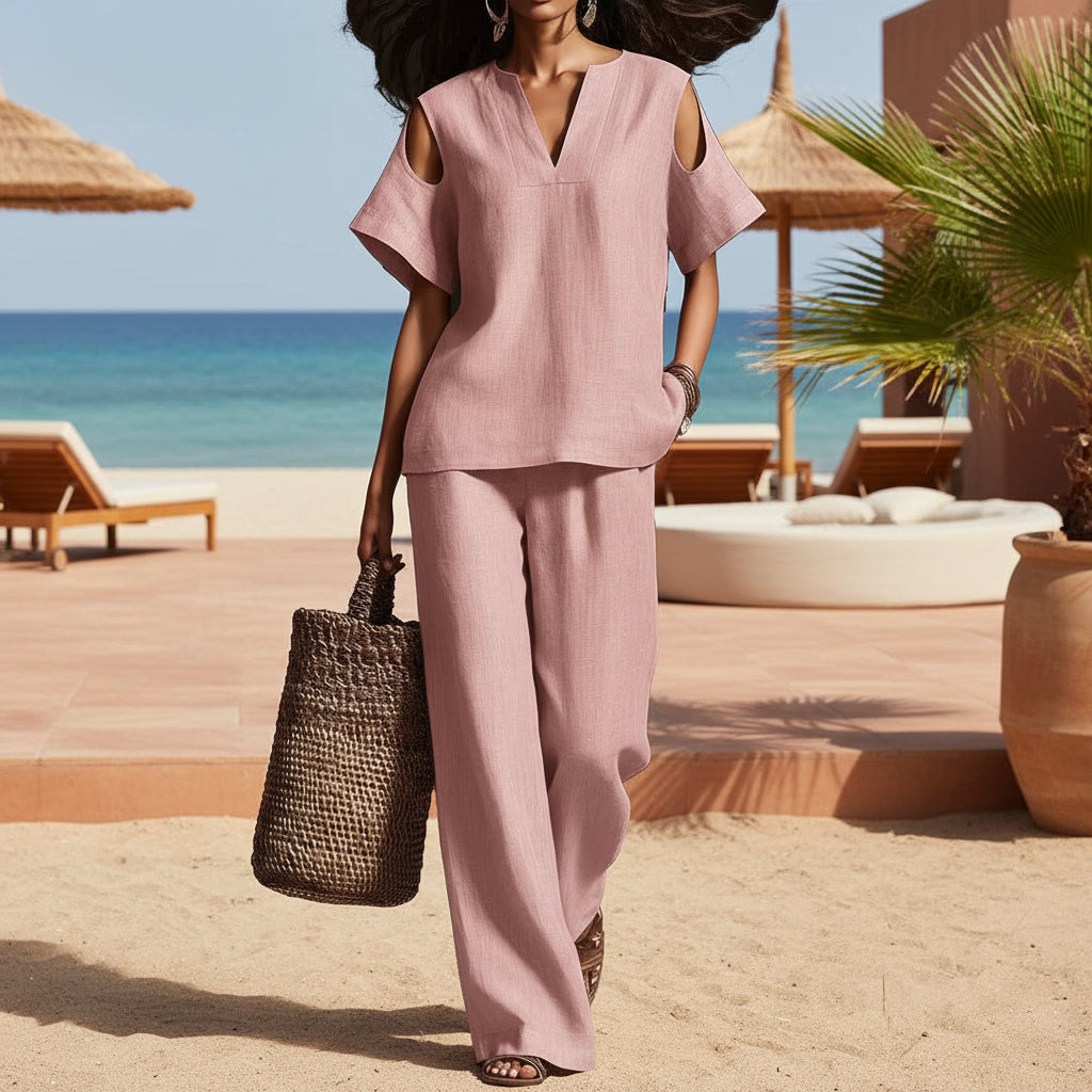 FitiqueFit v-neck short sleeve top and straight-leg pants set with ripped details, pockets, in a solid color, two-piece casual outfit.