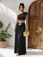 Plush Fashion Hub one-shoulder top and ruched maxi skirt set, stylish and elegant women's fashion ensemble displayed in the image.