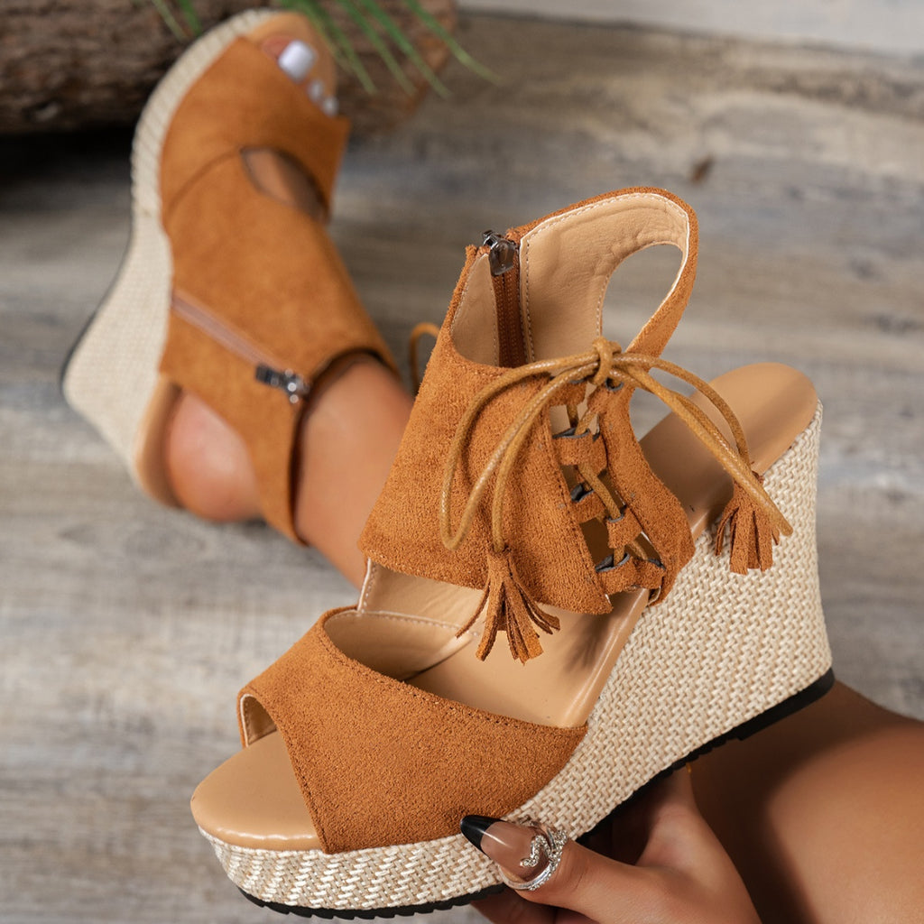 Women's suede open toe wedge sandals with high heels and platform, trendy shoe by Trendsi, featuring a stylish open toe design.