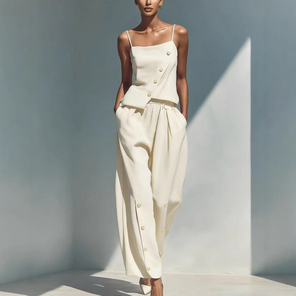 Women's gold-buckle camisole and pants two-piece casualwear set by FitiqueFit, featuring a stylish camisole top and matching pants.