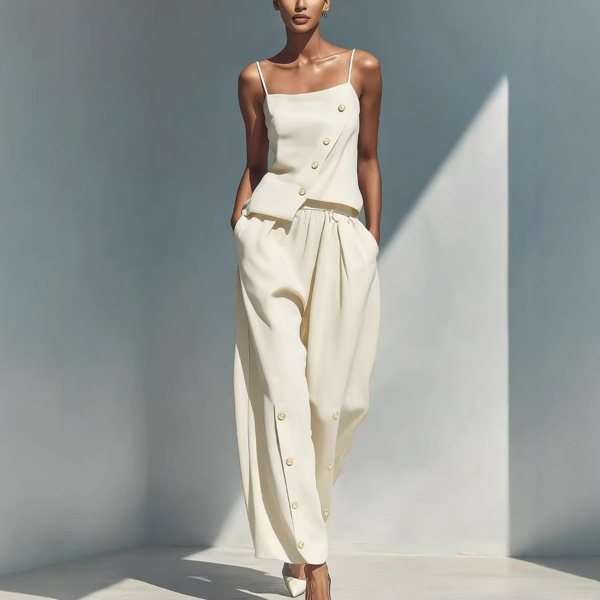 Women's gold-buckle camisole and pants two-piece casualwear set by FitiqueFit, featuring a stylish camisole top and matching pants.
