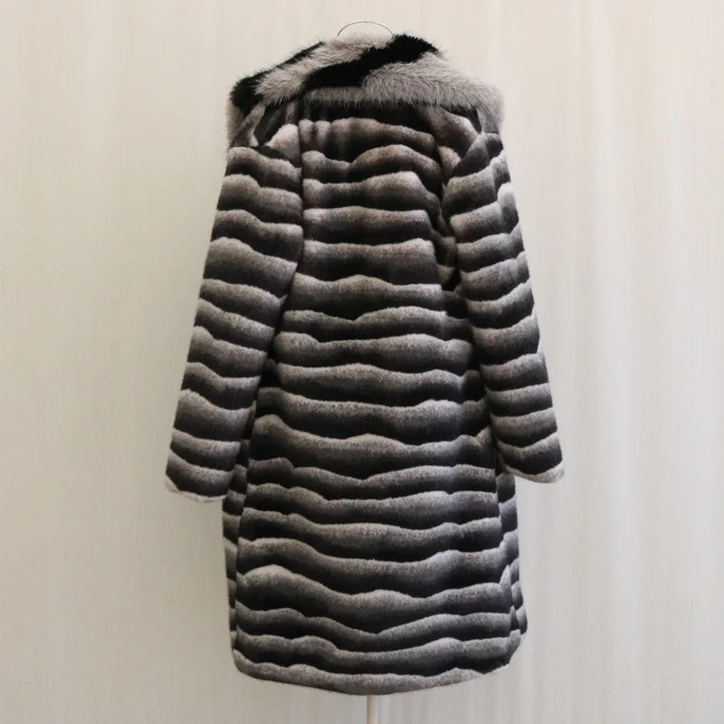 Black, grey, and white horizontal striped fur coat, long style with a fluffy collar, shown from the back.