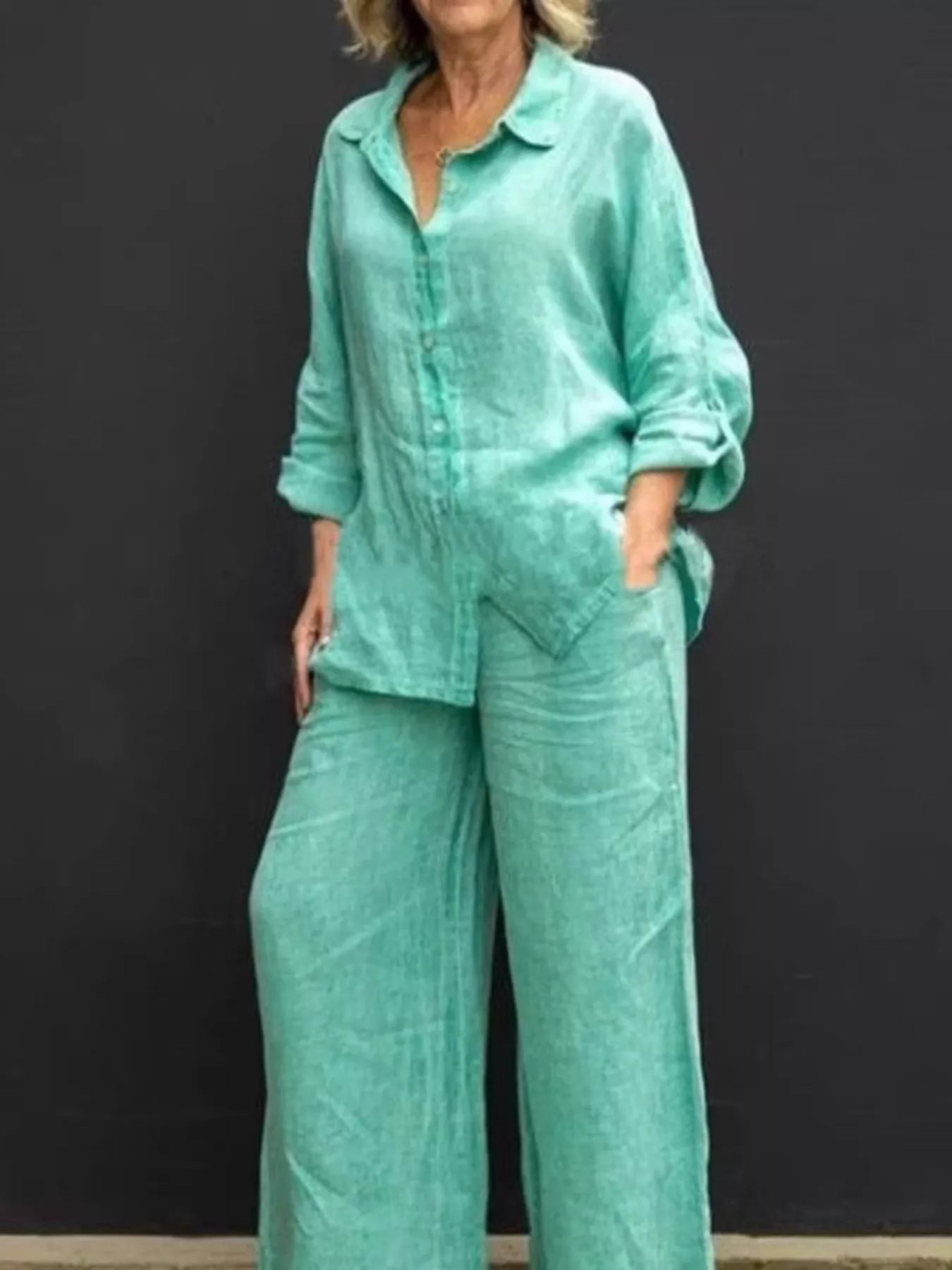 Plus size long sleeve shirt and pants set by Plush Fashion Hub, featuring a comfortable, coordinated full-size casual outfit.