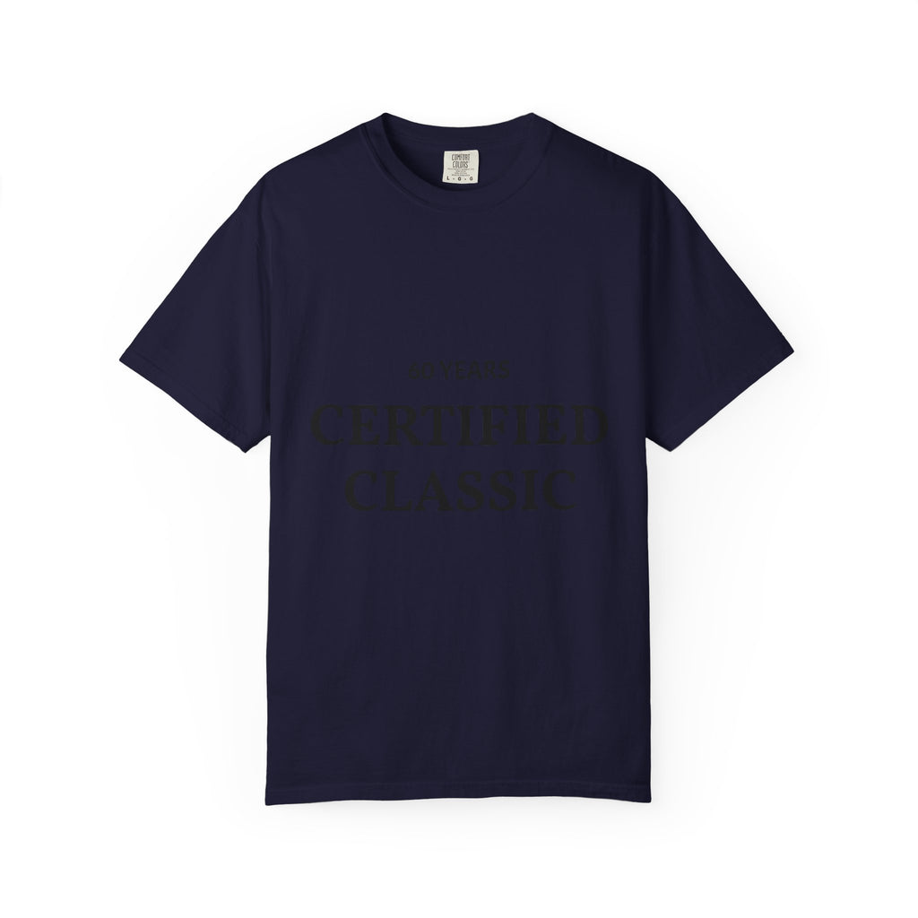 Printify Certified Classic 60 Years T-Shirt featuring a simple design, made of soft fabric, displayed on a plain background.