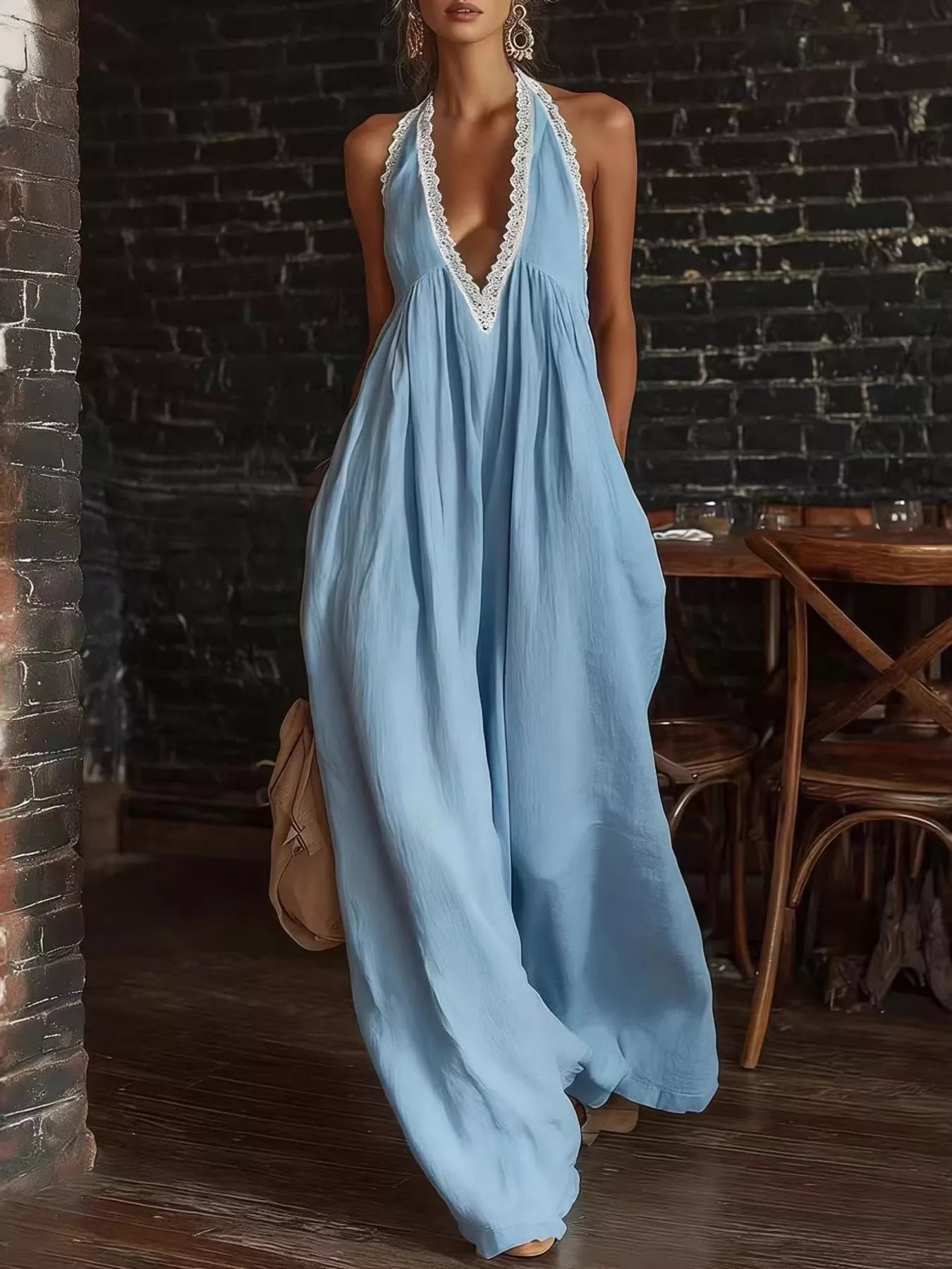 Plus size full length halter neck jumpsuit with lace trim and wide legs, stylish and comfortable from Shopimist.