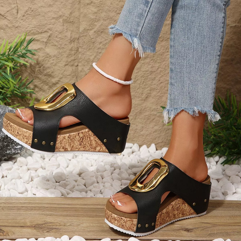 Open toe wedge sandals by Shopimist featuring tan leather straps and a cork wedge heel, perfect for casual summer wear.