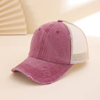 Distressed washed mesh baseball cap by Plush Fashion Hub, frayed unisex hat for outdoor and daily casual wear.