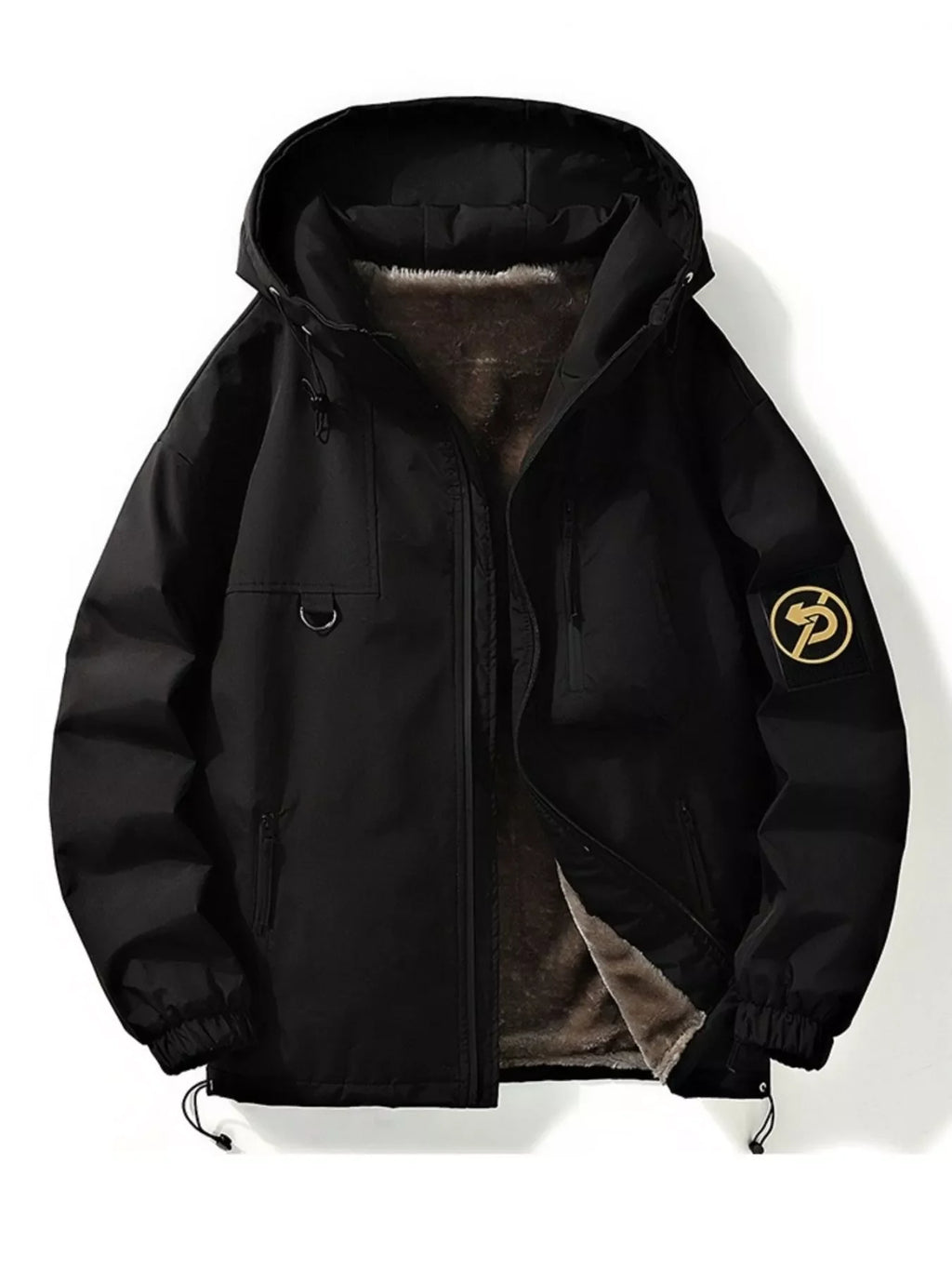 Men's plus size drawstring zip-up hooded jacket by Shopimist, front view showing hood, zipper, and casual style.
