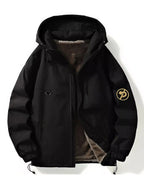 Men's plus size drawstring zip-up hooded jacket by Shopimist, front view showing hood, zipper, and casual style.