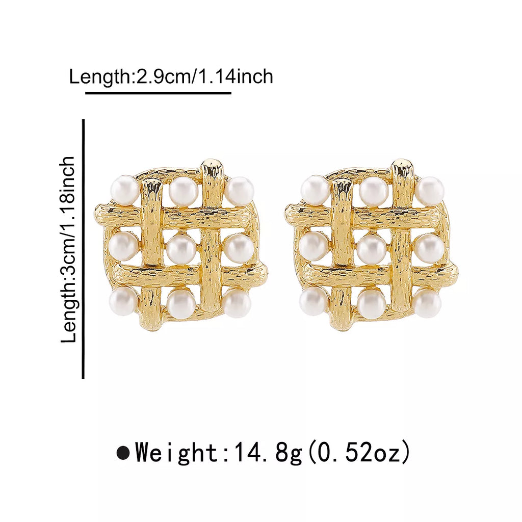 Pearl grid square stud earrings by Shopimist featuring minimalist design with white pearls and silver-tone metal.