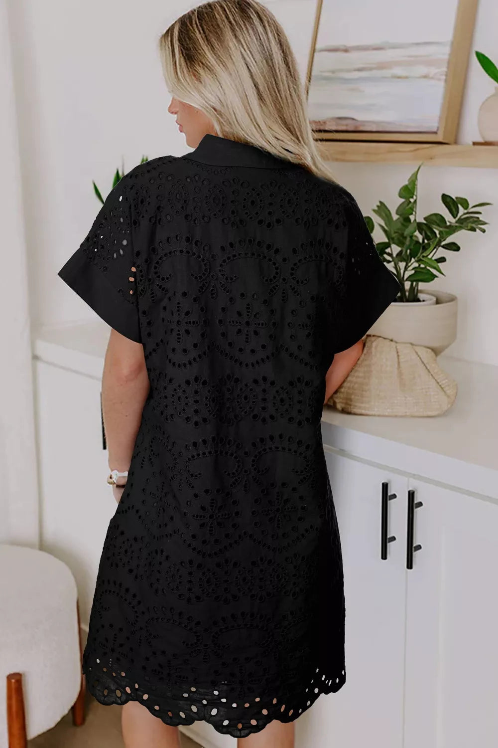Plush Fashion Hub eyelet trim short sleeve dress featuring a relaxed fit and stylish eyelet detailing on the sleeves.