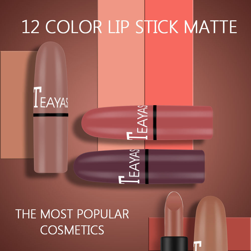 Teayas matte lipstick in brown, mauve, and plum tubes against a brown gradient background.