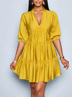 Notched Half Sleeve Tiered Dress
