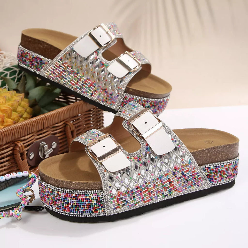 Rhinestone double buckle sandals from Shopimist featuring metallic straps and embellished buckles for a stylish summer look.
