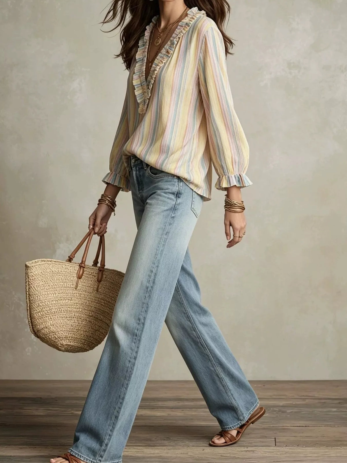 Striped ruffle-trim V-neck blouse from Trendsi featuring a stylish design and lightweight fabric, perfect for casual or office wear.