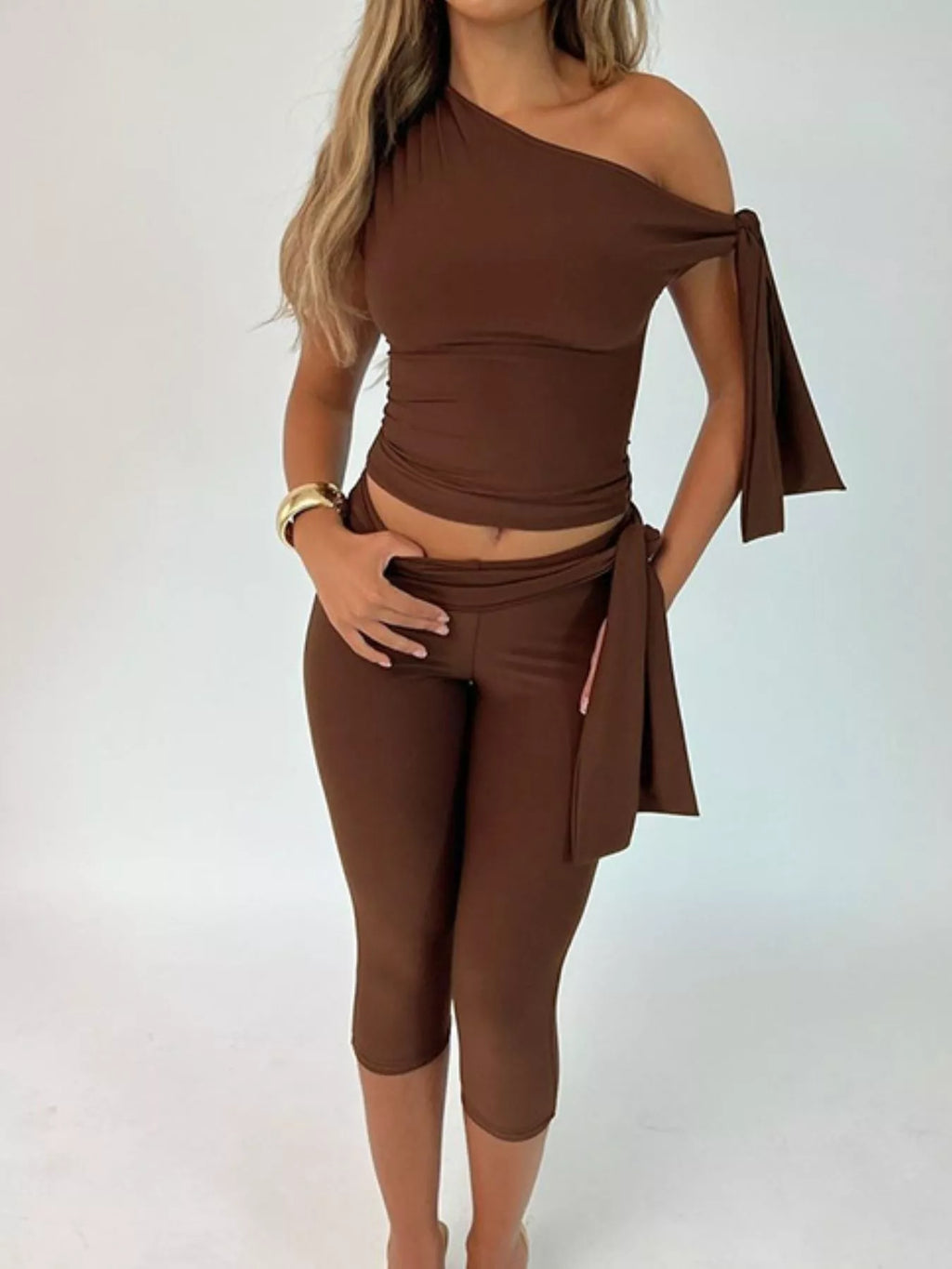 Shopimist tied one-shoulder top and capris set, stylish two-piece outfit with a fitted top and matching cropped pants.