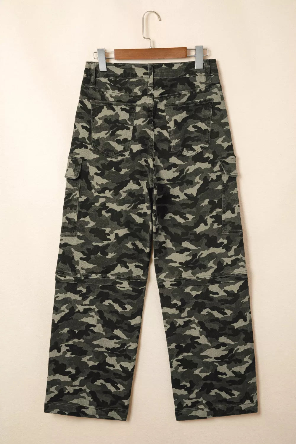 Camouflage print women's denim pants with multiple pockets, stylish and functional, from Shopimist.