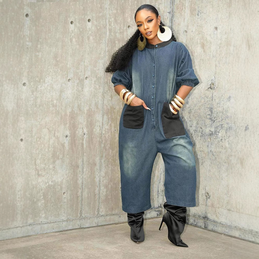 Color-block patchwork denim wide-leg jumpsuit by Plush Fashion Hub, featuring vibrant color blocking and relaxed fit.