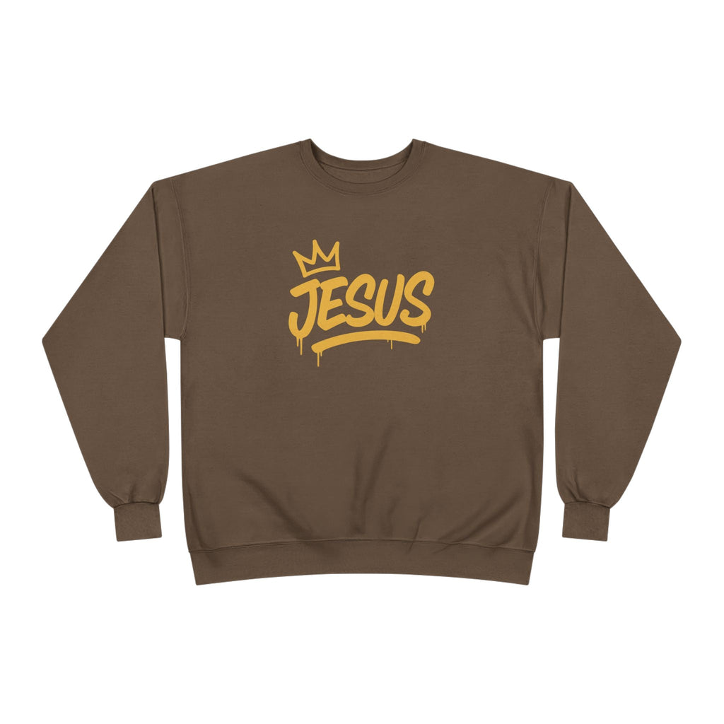 Wear Your Worship Jesus Crown crewneck sweatshirt with gold script inspirational design, comfortable apparel for faith-based style.