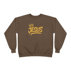 Wear Your Worship Jesus Crown crewneck sweatshirt with gold script inspirational design, comfortable apparel for faith-based style.