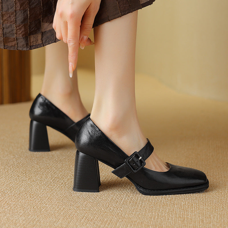 Women's sheepskin Mary Jane heels with square toe, chunky heel, and buckle straps from FitiqueFit footwear collection.