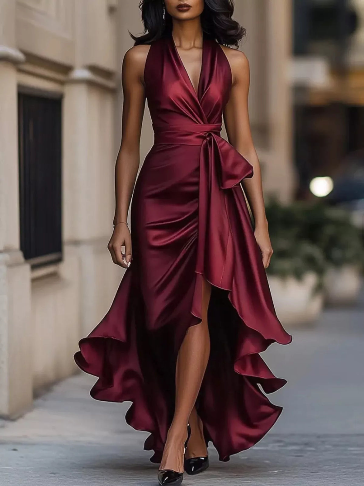 Plus size high-low ruffled satin maxi dress by Plush Fashion Hub, flowing satin fabric with elegant ruffle details