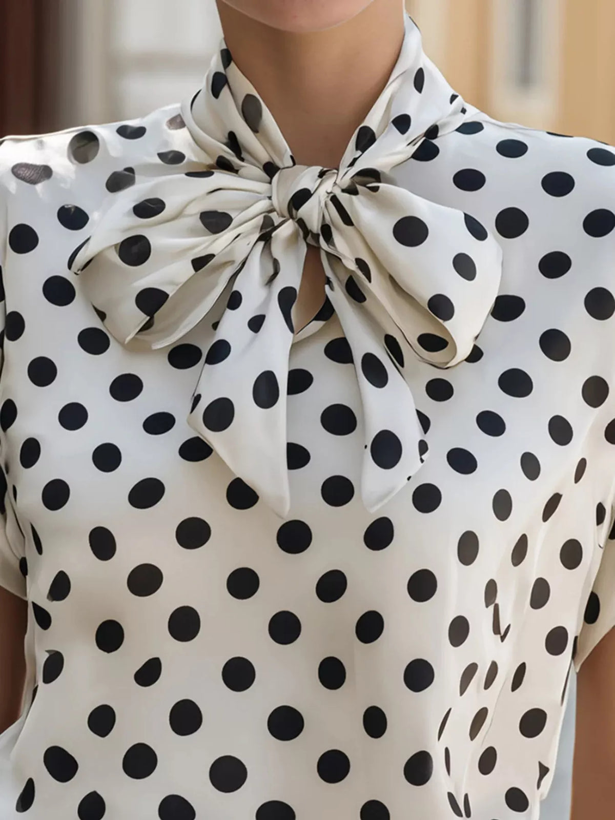 Polka dot tie neck blouse from Plush Fashion Hub, featuring a stylish pattern and elegant design, perfect for casual or office wear.
