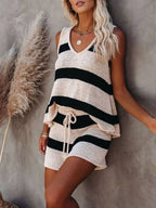 Striped knit tank top and shorts set by Shopimist, featuring a casual and stylish summer outfit with blue and white stripes.