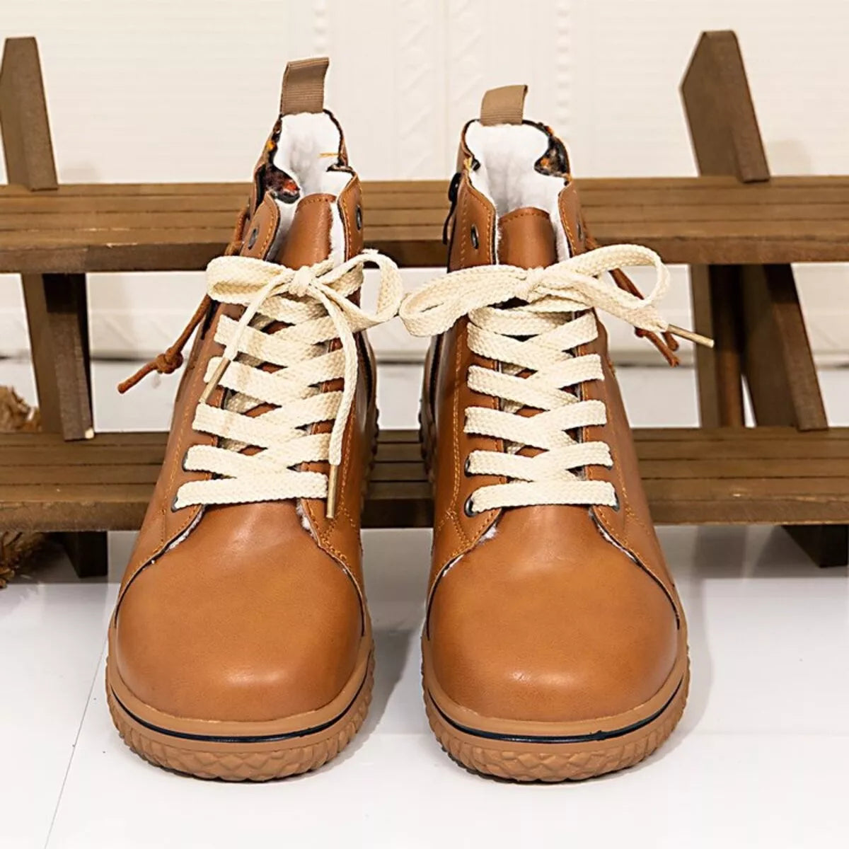 Women's round toe platform ankle boots by Trendsi featuring chunky heels and stylish design, perfect for casual or dressy outfits.