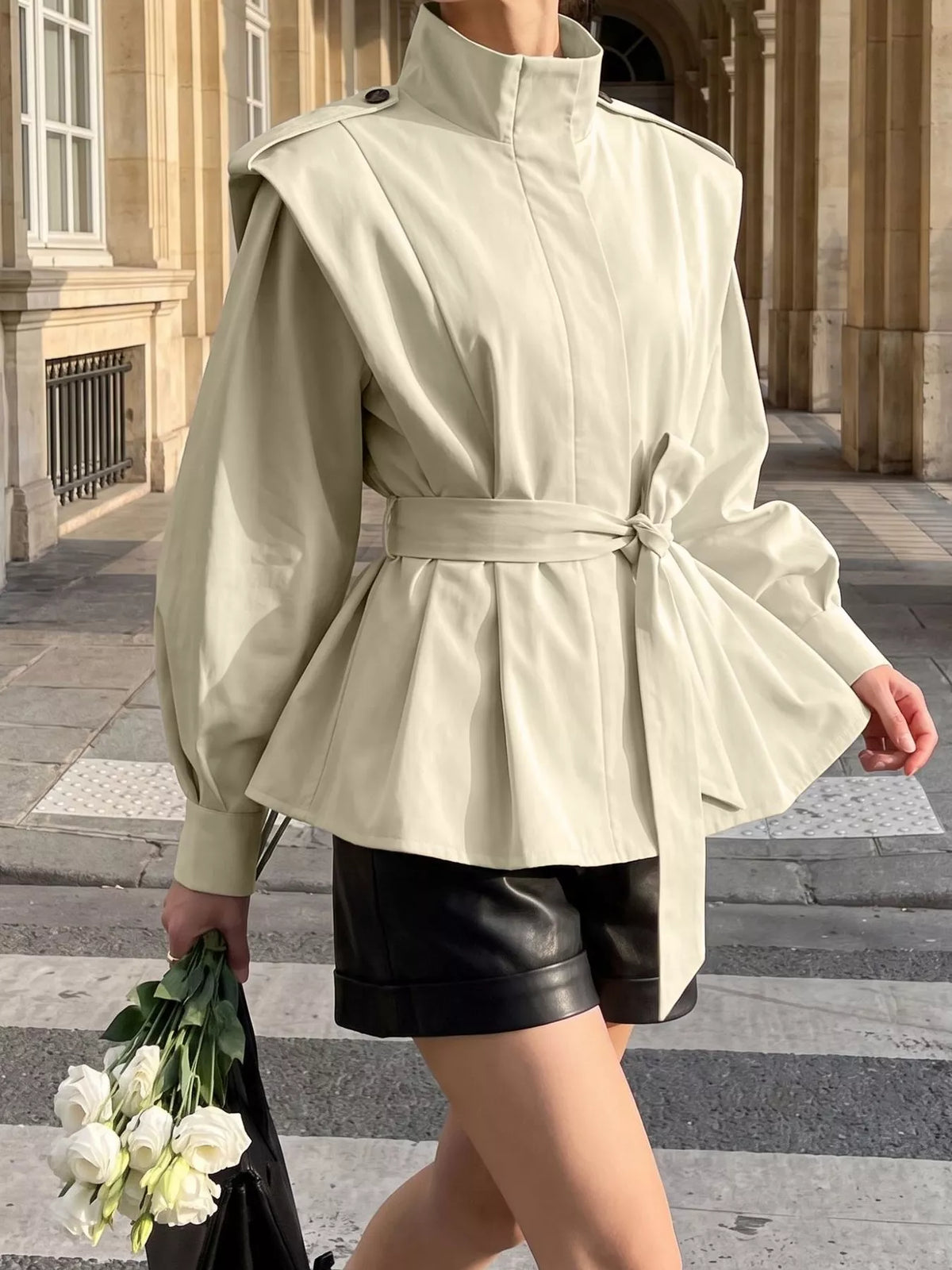 Trendsi stand-collar belted outerwear jacket with front pockets, stylish and warm for fall and winter wear.