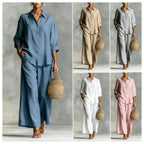 FitiqueFit cotton-linen shirt and wide-leg pants suit in various colors, casualwear for women, available in sizes S to 5XL.