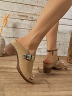 Shopimist buckle block heel sandals featuring a stylish design with adjustable straps and a sturdy block heel for comfortable wear.