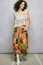Printed patchwork wide leg cotton pants with side drawstring, casual dress style, colorful fabric, and relaxed fit.