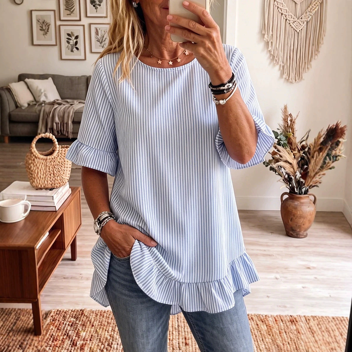 Women’s striped ruffle-sleeve loose-fit blouse with three-quarter sleeves, casualwear by FitiqueFit, shown in a relaxed fit style.