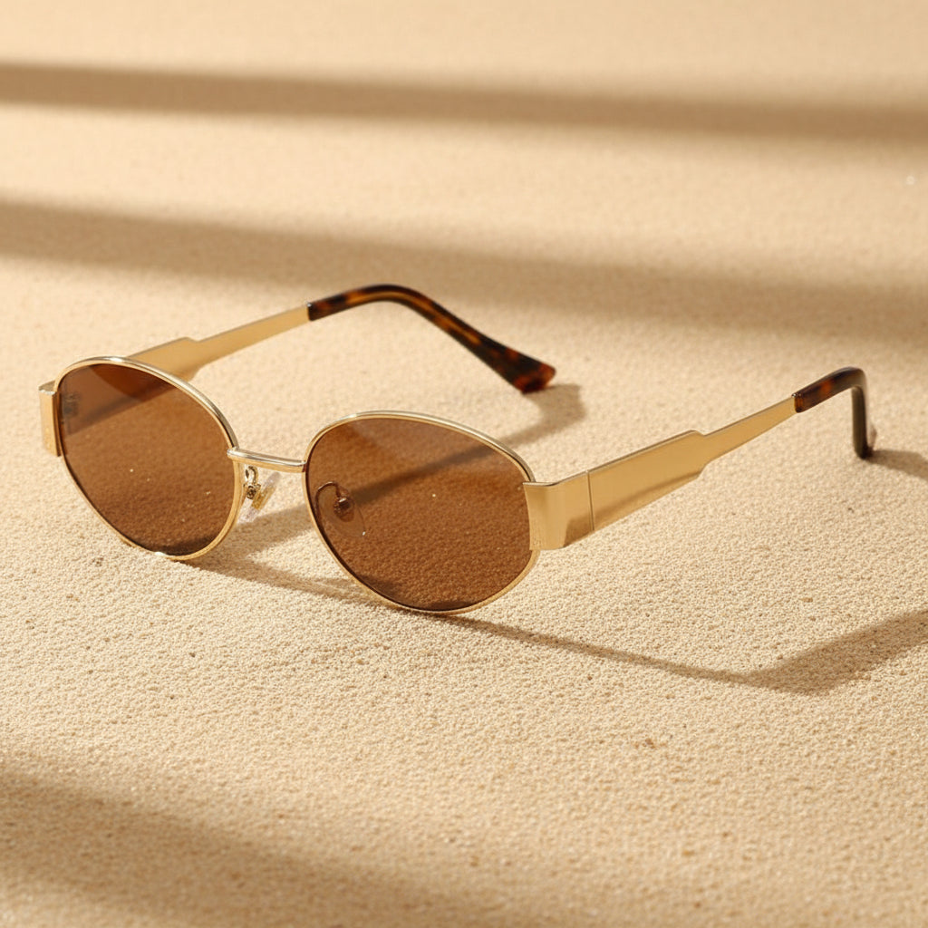Vintage oval sunglasses by FitiqueFit with light luxury gold and silver frames, showcasing stylish eye wear design.