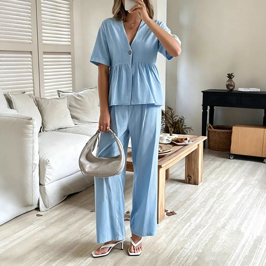 Women's casual V-neck short-sleeve top and wide-leg pants set by FitiqueFit, featuring a relaxed fit and comfortable fabric.