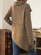 Asymmetrical hem cowl neck long sleeve T-shirt from Trendsi, featuring a stylish draped neckline and unique hem detail.