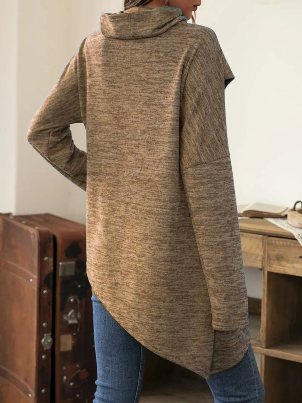 Asymmetrical hem cowl neck long sleeve T-shirt from Trendsi, featuring a stylish draped neckline and unique hem detail.