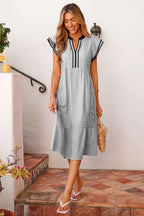 Charley Sleeve Casual Long Dress by Threaded Pear, a midi dress with relaxed fit and long sleeves, shown in a stylish, comfortable design.