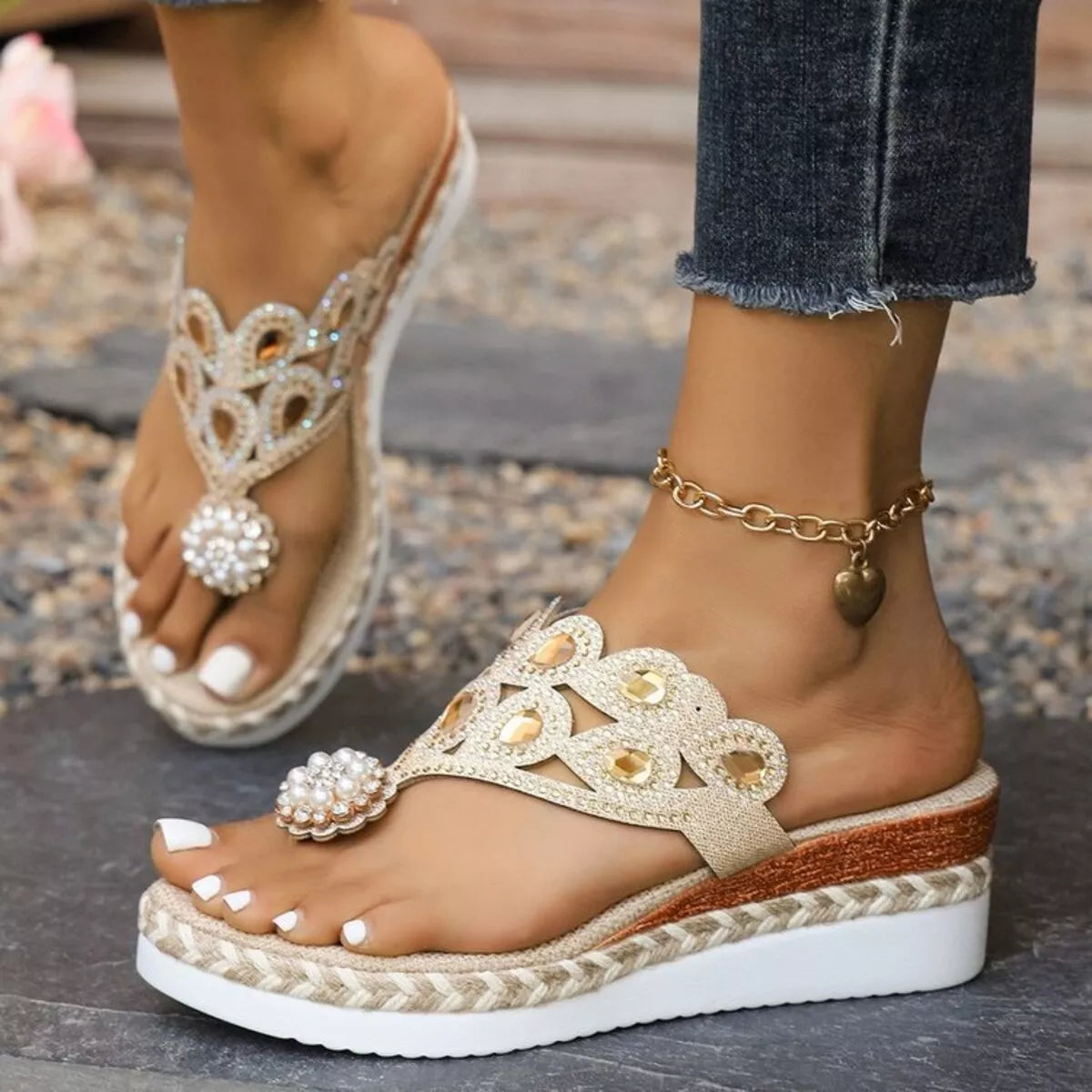 Shopimist toe post wedge sandals with cork heel and tan leather straps, showcasing a stylish summer footwear design.